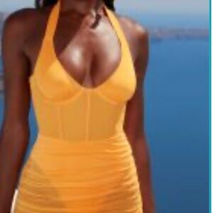 Oh Polly Love Island Orange Mesh Sheer Corset Halter Dress Size 6